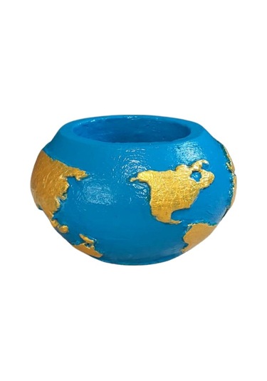 Uretti - Ayşe 7362 7938 El Yapımı Dünya Şeklinde Mavi - Gold Renk Saksı / Mumluk Dekoratif Obje - 6 X 9 Cm 1 Adet