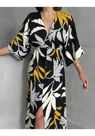 Kadın Kruvaze Yaka Yırtmaçlı Uzun Yazlık Elbise Siyah - Sarı