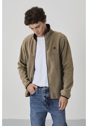 Tommy Life Camel Yazı Nakışlı Dik Yaka Fermuarlı Standart Kalıp Erkek Sweatshirt Polar - 87992 CAMEL