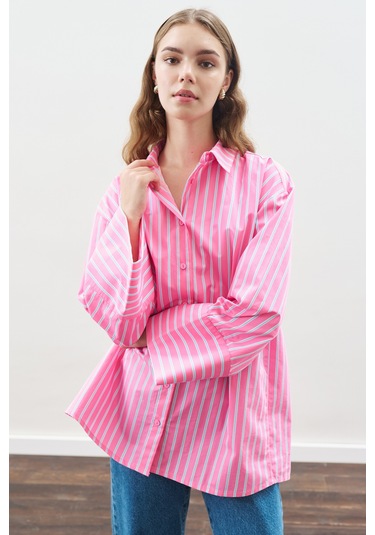Çizgili Pamuklu Gömlek Pembe Çizgi Pembe Çizgi