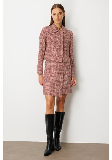 Ekol Kadın Süs Düğmeli Mini Tüvit Etek 5047 Kırmızı Kırmızı