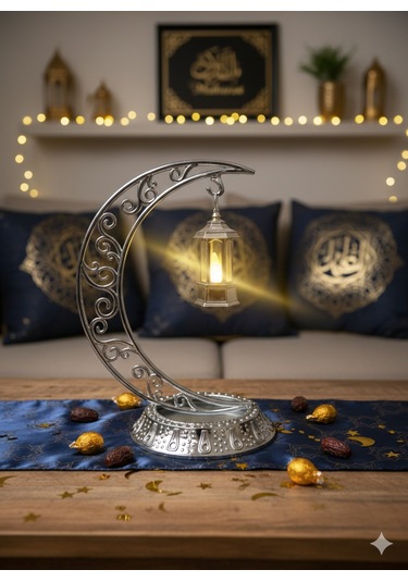 Dekoratif 28 Cm Hilal Parlak Gümüş Ramazan Led Lamba 10 Cm Kancalı Set Diğer