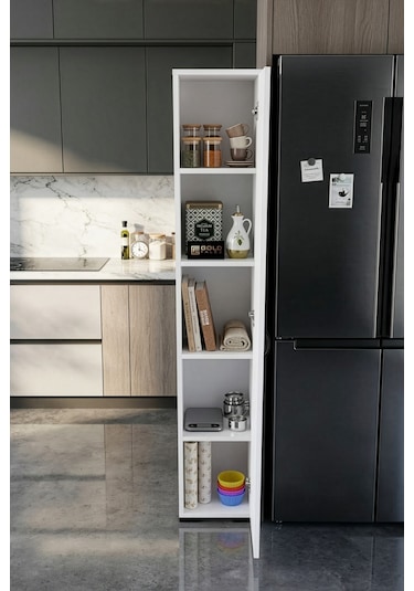 Banyo Dolabı Dar Boy Dolap Raflı Kapaklı Çok Amaçlı Organizer 5 Katlı 266 Beyaz