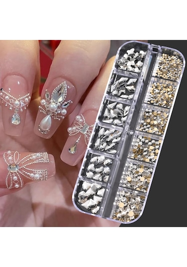 1200pc + Safir Mavi Nail Art Rhinestones 12grid Çok Şekiller Kristal Taşlar Tırnak Takılar Flatback Yuvarlak Boncuk Cam Elmas Taş Koyu Gri