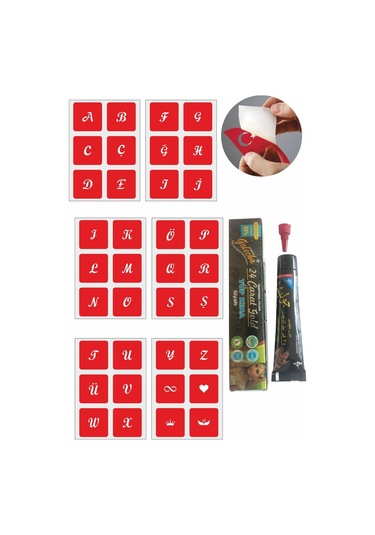 Enhavalı Kare Harfler Hint Kınası ile Geçici Dövme Yapma Seti