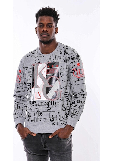 Wessi Gri Taşlı Baskılı Desenli Sweatshirt Gri