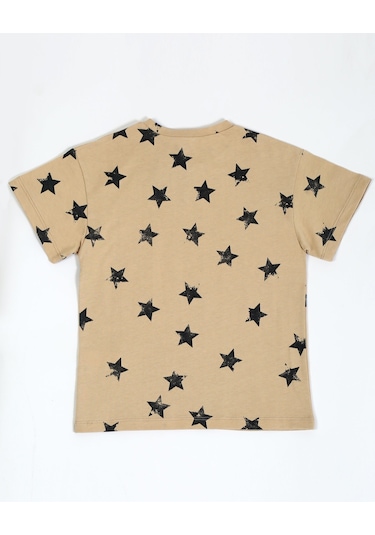 Luess Baskılı Oversize Kısa Kol Erkek Çocuk T-shirt Bej