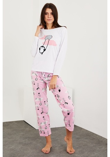 Gimer - Baskılı Uzun Kol Pijama Takım - Ece3702G Beyaz