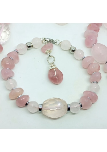 2729 Pembe Kuvars Hematit Çelik Aparatlı El Yapımı Bileklik Açık Pembe