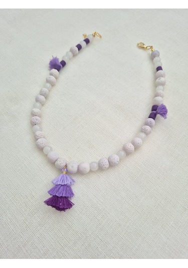 Lila Lav Taşlı Püsküllü Tasarım Kolye