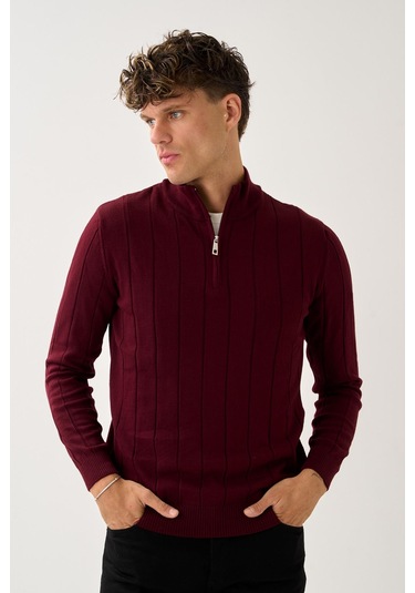 Dikey Dokuma Desenli Fermuarlı Triko Kazak Bordo