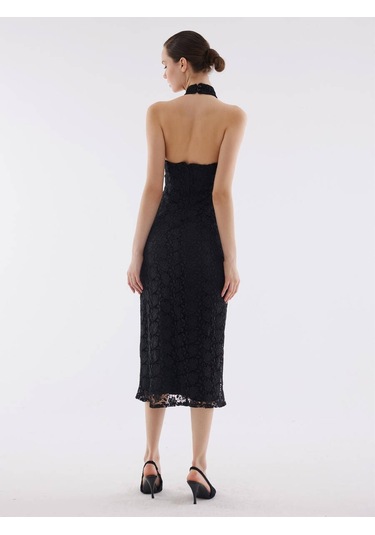 Dantel Halter Yaka Siyah Elbise Standart