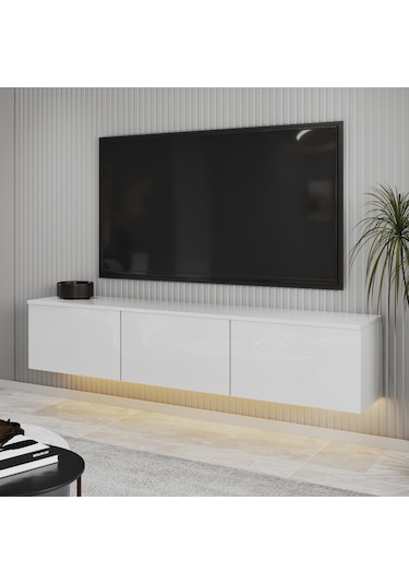 T0020 Alston Duvara Monte Tv Ünitesi Led Işıklı, Modern Tasarım, 160 Cm - Parlak Beyaz Parlak Beyaz