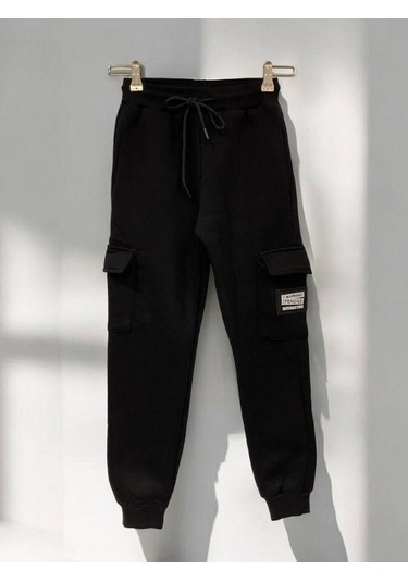 Çocuk Beli Paçası Lastikli Şardonlu Kalın Eşofman Alt-15364 Siyah