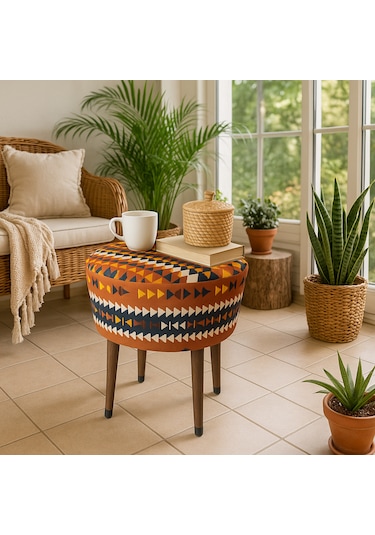 Ustaagac Puf Koltuk Bench Tabure Anadolu Kilim Al- Ahşap Ayaklı Altın - Turuncu