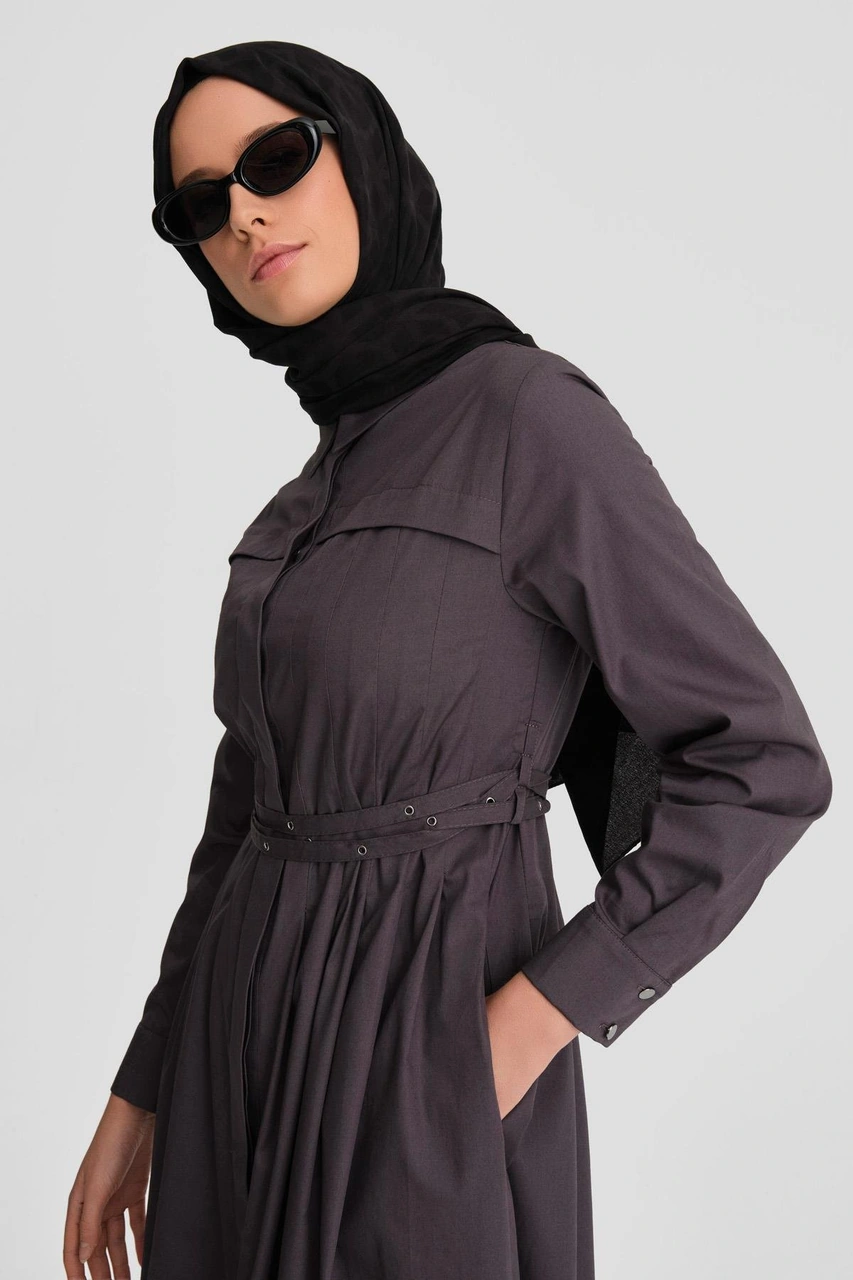 Armine Çapraz Kemerli Pamuk Elbise 24k9903 Antrasit Füme