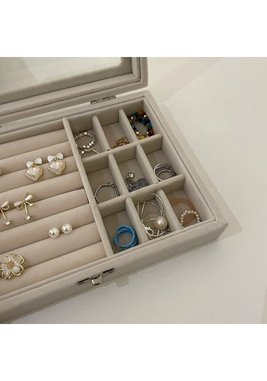 Springsun Yeni Stil Kadife Kuyumluk Kutusu - Toz Ve Oksidasyona Dayanıklı, Yüzük Küpe Kolye Depolama, Bej, 20x15.5x5 Cm Bej