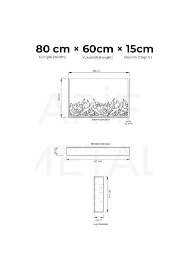 Arif Şömine Dekoratif Elektrikli Yapay Şömine -80x60 Cm - Odun Görünümlü, Kumandalı, Ses Efekli