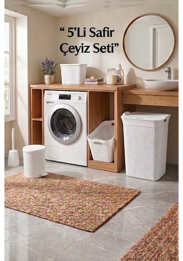 5'li Safir Çamaşır Sepeti Seti Örgü Desenli Beyaz