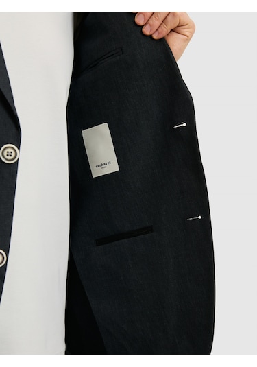 Cacharel Siyah Slim Fit %100 Keten Mikro Desen Mono Yaka Ceket