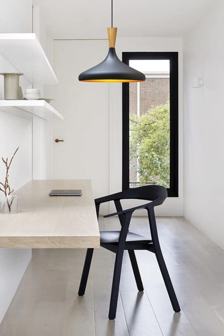 Champion Siyah Ahşap Huni Tekli Avize Sarkıt Salon Mutfak Cafe Butik Lamba Aydınlatma Avizeler Siyah