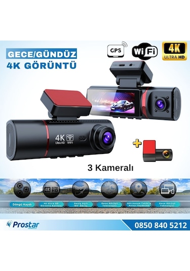 4k Ultra Hd 3 Kameralı Ön, İç Ve Arka Wifi Gps G-sensör Park Modu Dashcam Kamera