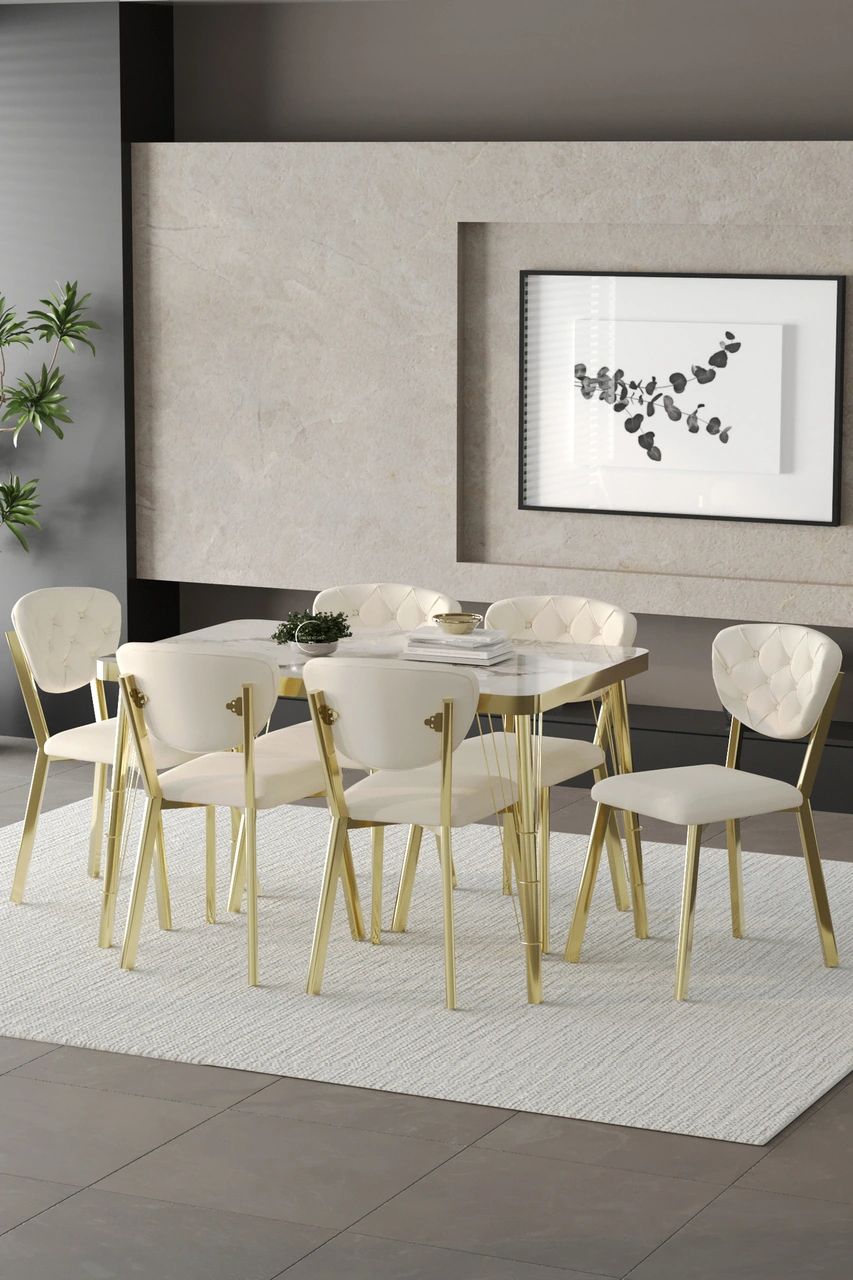 Mutfak Masası Takımı Elma Serisi 6 Sandalyeli Gold Krem