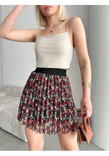 Baskılı Astarlı Mini Etek Kırmızı