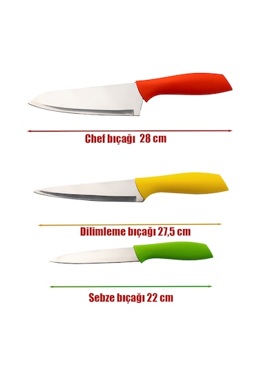 Porsima 3155-3'lü Bıçak Seti Meyve Et Doğrama Bıçağı Şef Bıçağı Çok Renkli
