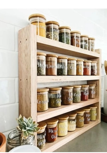 Doğal Ahşap Baharatlık Tezgah Üstü Dekoratif Mutfak Rafı 40cm X 35cm X 9cm Krem