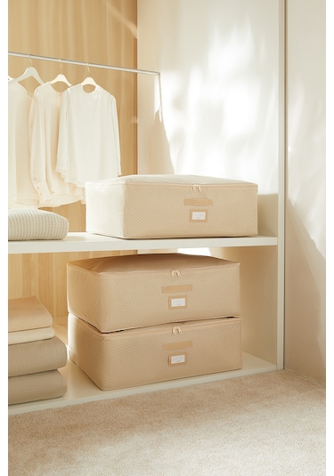 Ocean Home Textile 3'lü Büyük Boy Bej Balıksırtı Baza Altı Hurç Set 62 x 46 x 22 cm