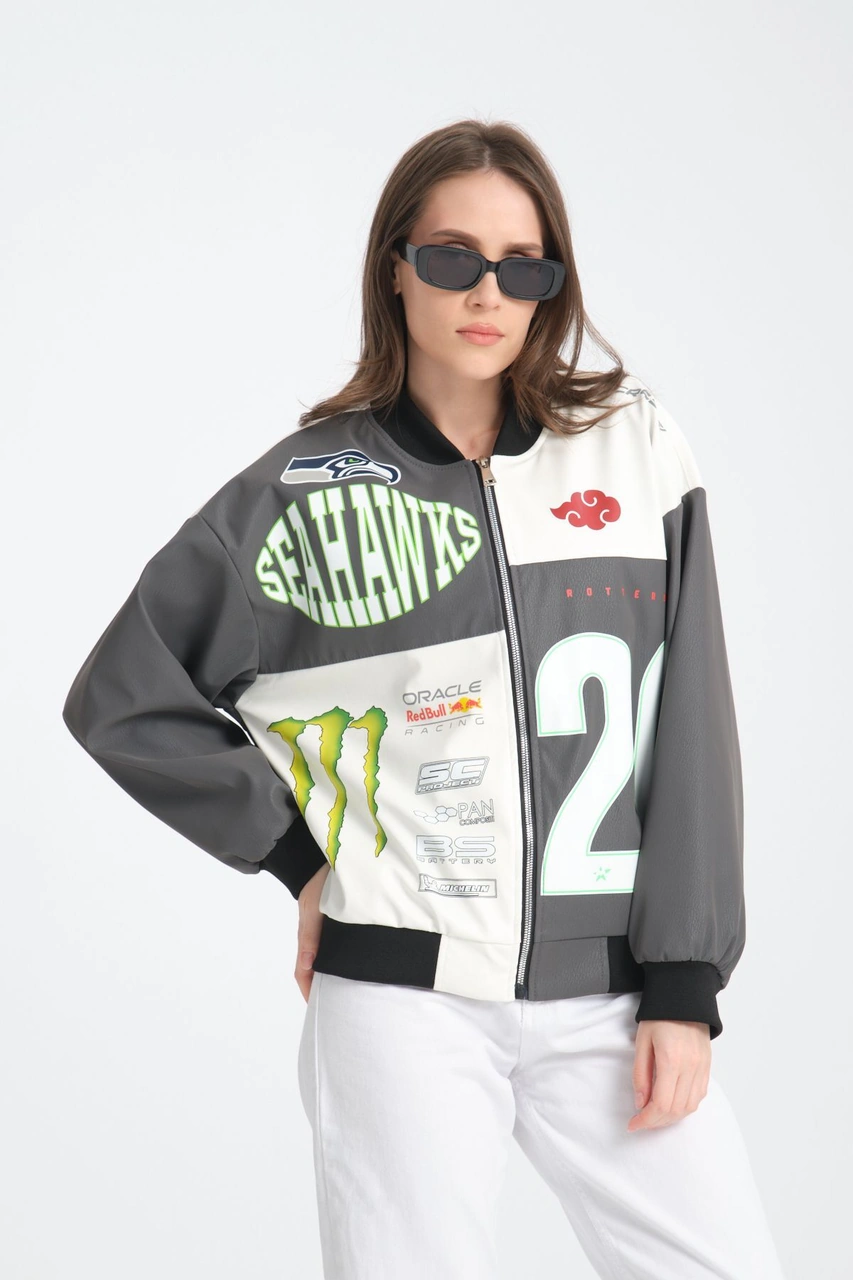 Kadın Oversize Baskılı Deri Motorcu Montu Fermuarlı Yarışçı Ceket Astarlı Bomber Kolej Mont Gri