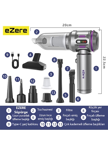 Ezere 16000pa Güçlü Dijital Göstergeli Vakumlu Kablosuz Üflemeli Mini Araç Süpürgesi Gümüş