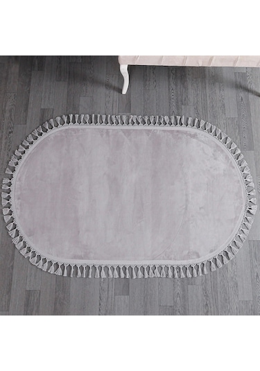 Açık Gri Fluffy Düğüm Saçaklı Oval Post Peluş Halı Kaymaz Taban