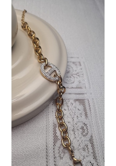 Uzel Çelik Gold Altın Renk Taşlı, Kalın Halka Detaylı Çelik Bileklik Gold