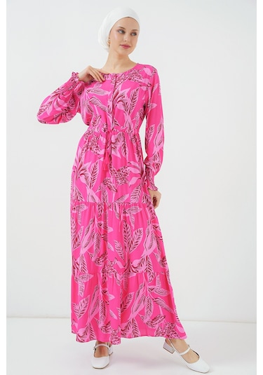 Bigdart 2145 Desenli Tesettür Elbise - Fuşya