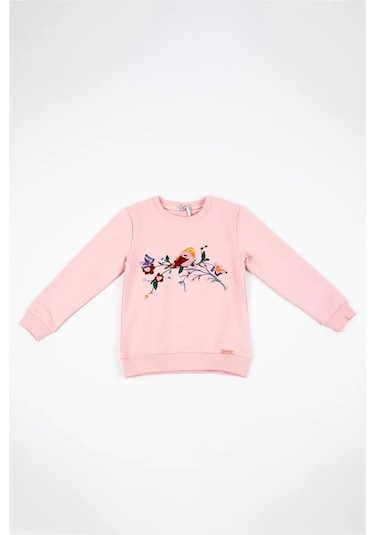Kız Bebek Pembe Uzun Kollu Kuş Nakış Detaylı Kışlık Sweatshirt Pembe