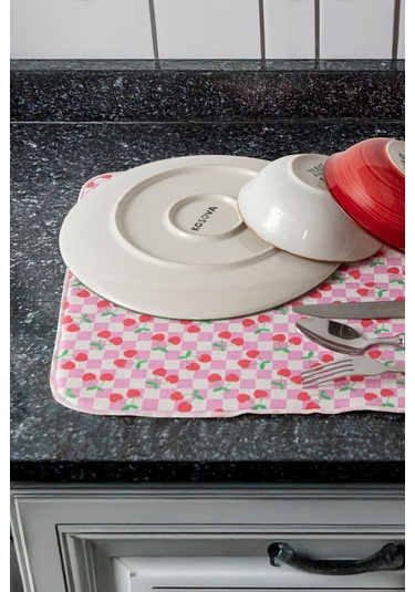 Bulaşık Kurutma Örtüsü, Bulaşıklık, Tezgah Üstü Bulaşık Matı, Süper Emici Mutfak Matı, Kiraz Desen Çok Renkli