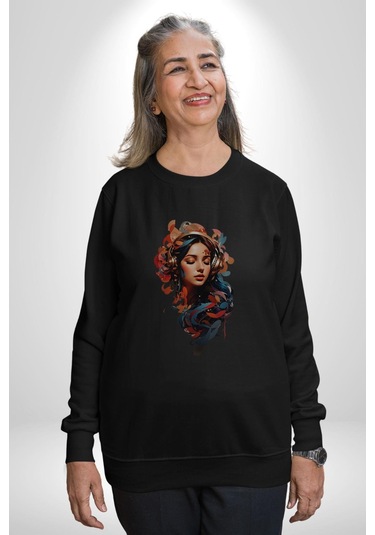 Müzik Dinleyen Kulaklık Yaprak Saçlı Renkli Unisex Siyah Baskılı Sweatshirt Siyah