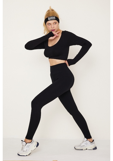 Siyah Kalçası Büzgülü Push Up Kalça Şekillendirici Tayt Seamless F