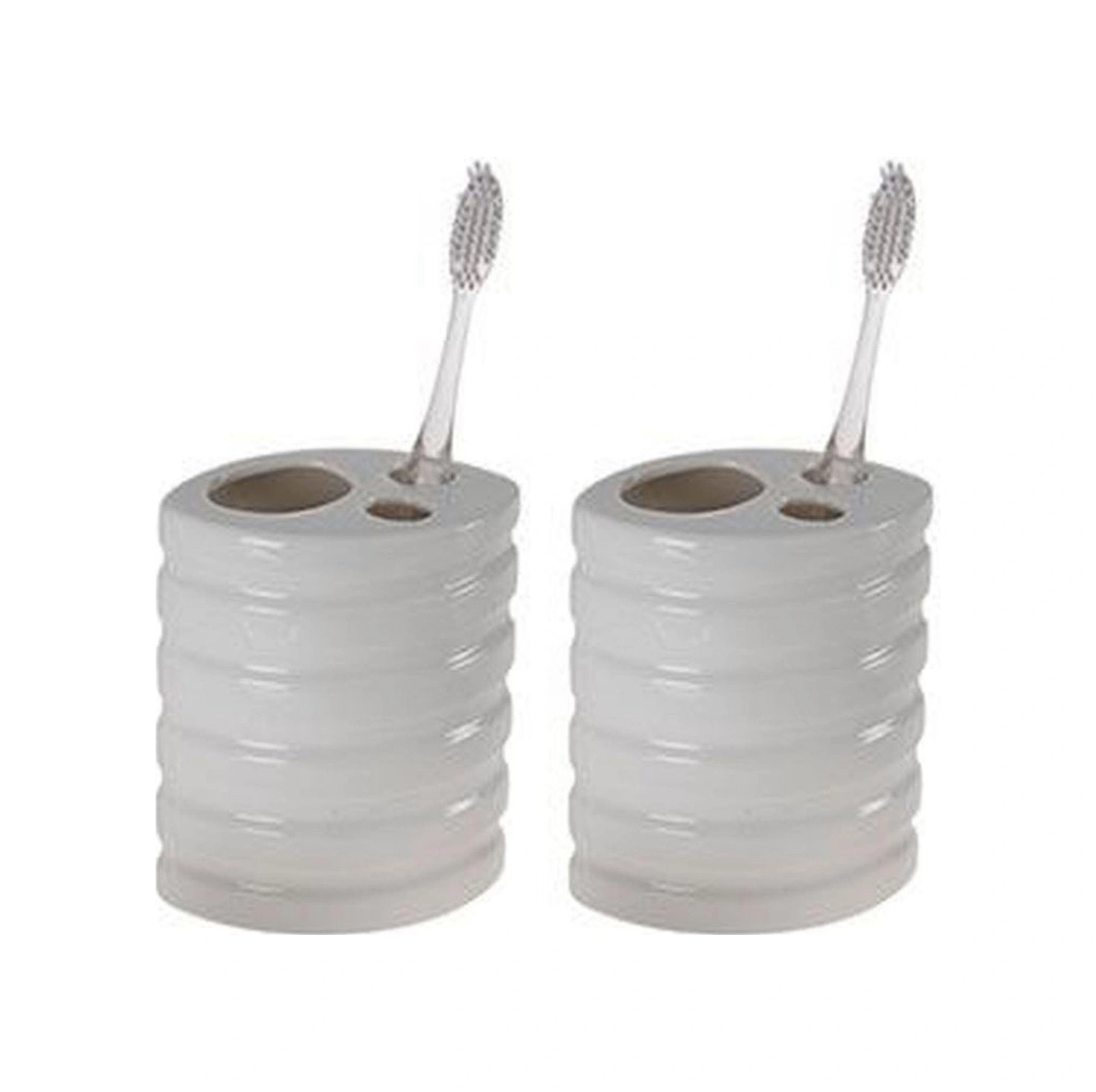 2 Adet Seramik Diş Fırçalık Oval Çizgili Model 9x6x11cm Banyo Seti Çok Renkli