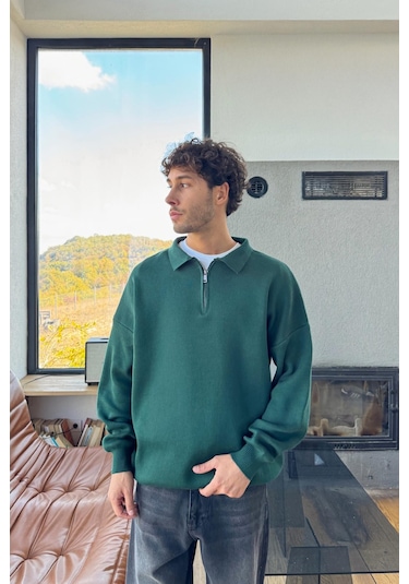 Flaw Half Zip Triko Kazak Yeşil Yeşil