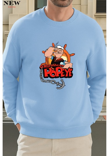 Popeye Baskılı Bisiklet Yaka Sweatshirt Bebe Mavisi