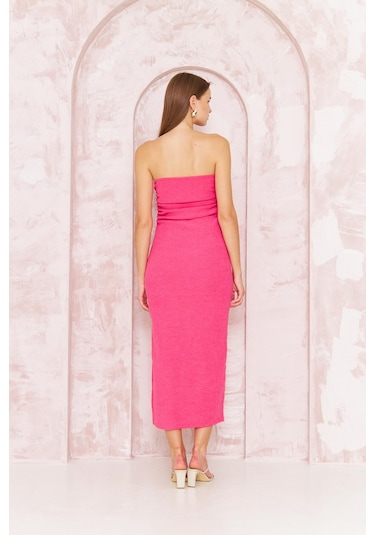 Darlin Moda Kadın Bodycon Straplez Bürümcük Midi Elbise Açık Pembe