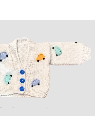 Uretti - Gülnur 2184 - El Örgüsü Araba Motifli Erkek Çocuk Hırka 3 Yaş - Beyaz Beyaz