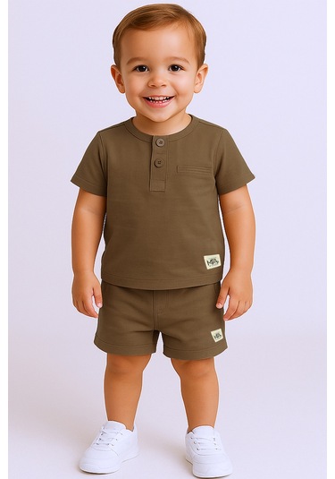 Erkek Bebek Şortlu Takım Bisiklet Yaka Düğmeli Düz Renk kahverengi
