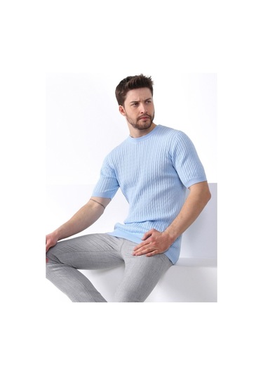 Ferraro Mavi Bisiklet Yaka Erkek Pamuk Triko T-Shirt-Mavi (490417519) Mavi