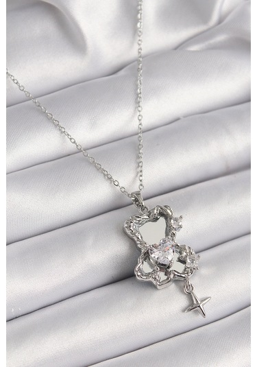 316l Çelik Gümüş Renk Ayna Ayıcık Model Zirkon Taşlı Kalp Detay Kadın Kolye - Tj-bko9627 Gümüş