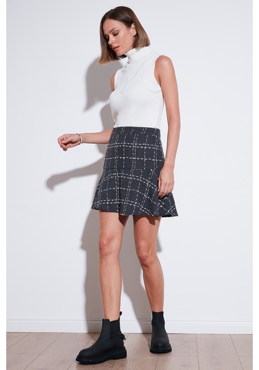 Lela Kareli Volanlı Mini Kışlık Bayan Etek 611Et00176W4 Koyu Gri