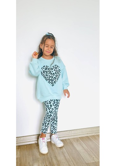 Kız Çocuk Çiçek - Leopar Detaylı 3 İplik Alt Üst Takım Sweatshirt + Tayt Mint